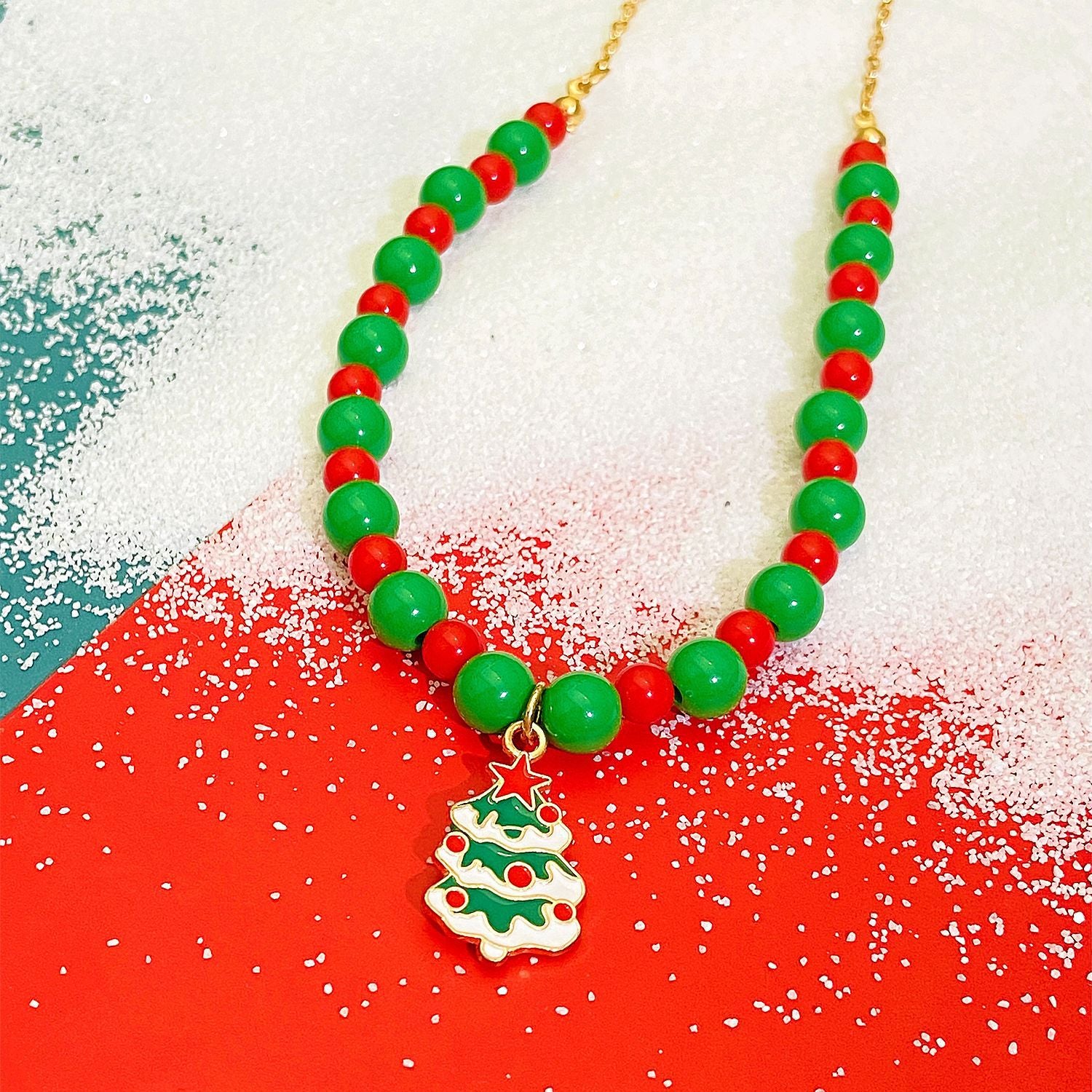 Wholesale Christmas Red and Green Rice Beads Beaded Necklace Clavicle Chain
