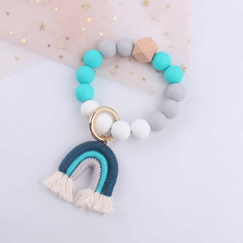 Wholesale Cartoon Colorful Rainbow Tassel Silicone Bead Wrist Keychain