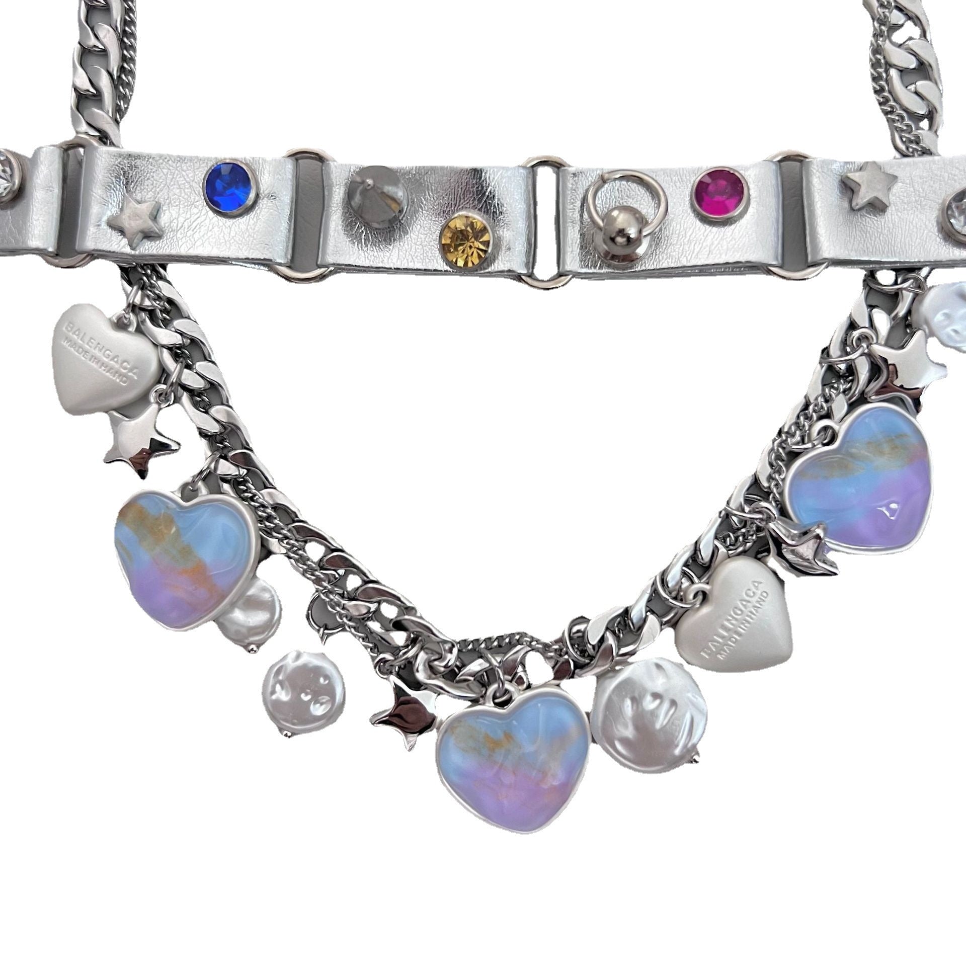 Wholesale Stitching Color Gemstone Rivets Leather Adjustable Alloy Necklaces