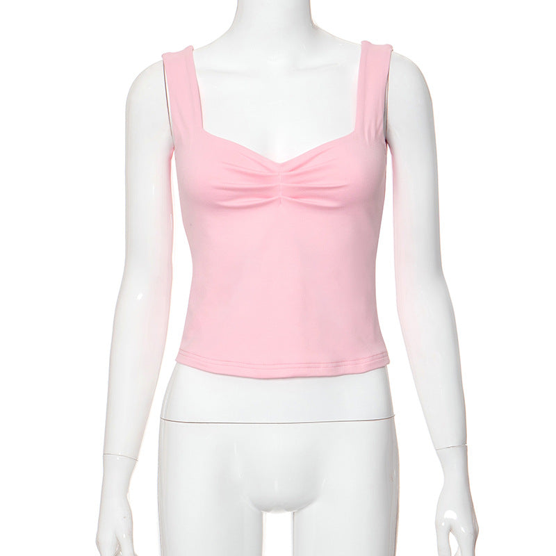 Wholesale Polyester Slim Fit Splicing Exposed Navel Solid Color Square Neck Micro Pleated Women's T-shirts