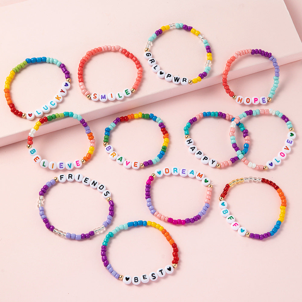 Wholesale 12pcs Boho Alphabet Encouragement Rice Beads Colorful Bracelet for Kids