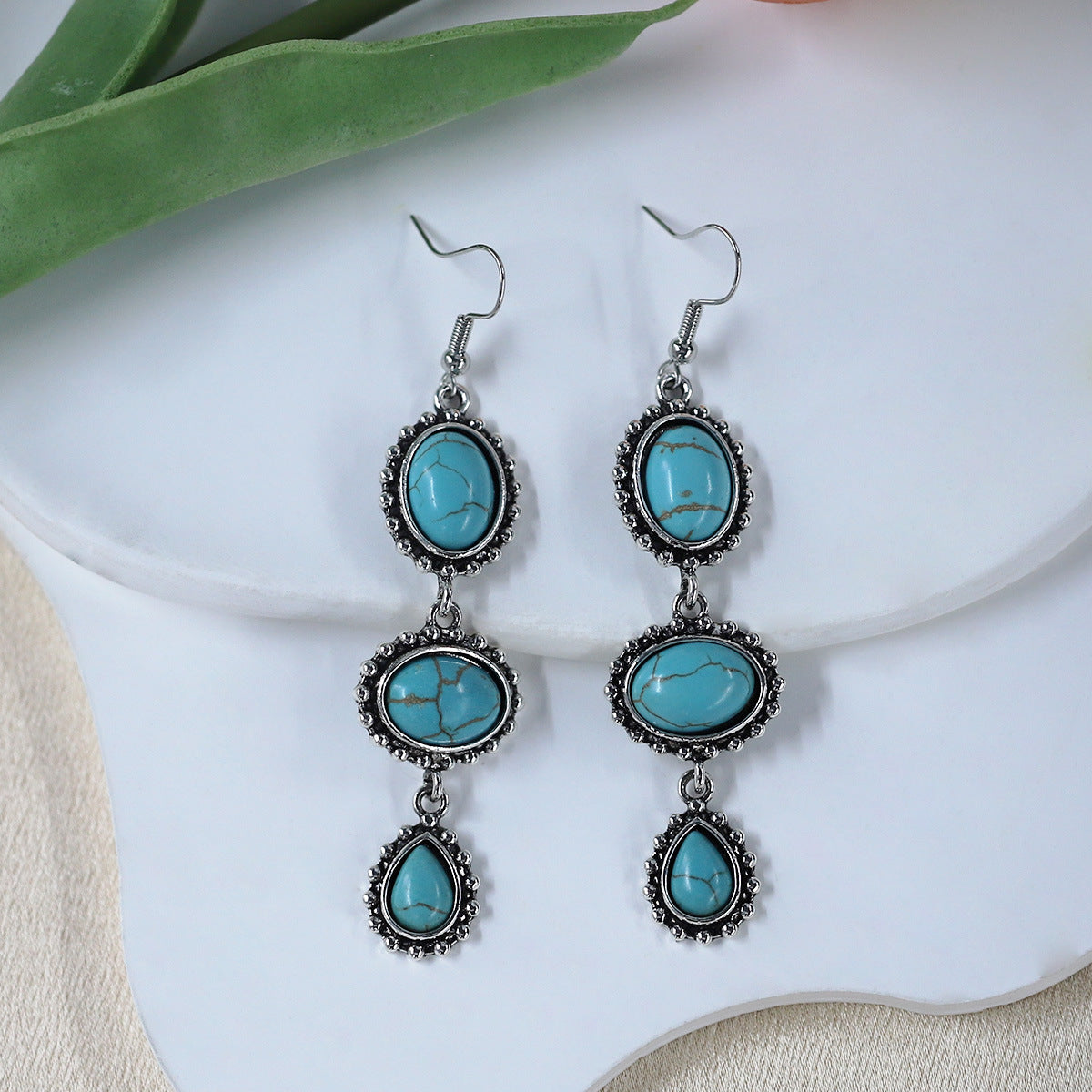 Wholesale Retro Turquoise Inlaid Long Geometric Oval Earrings