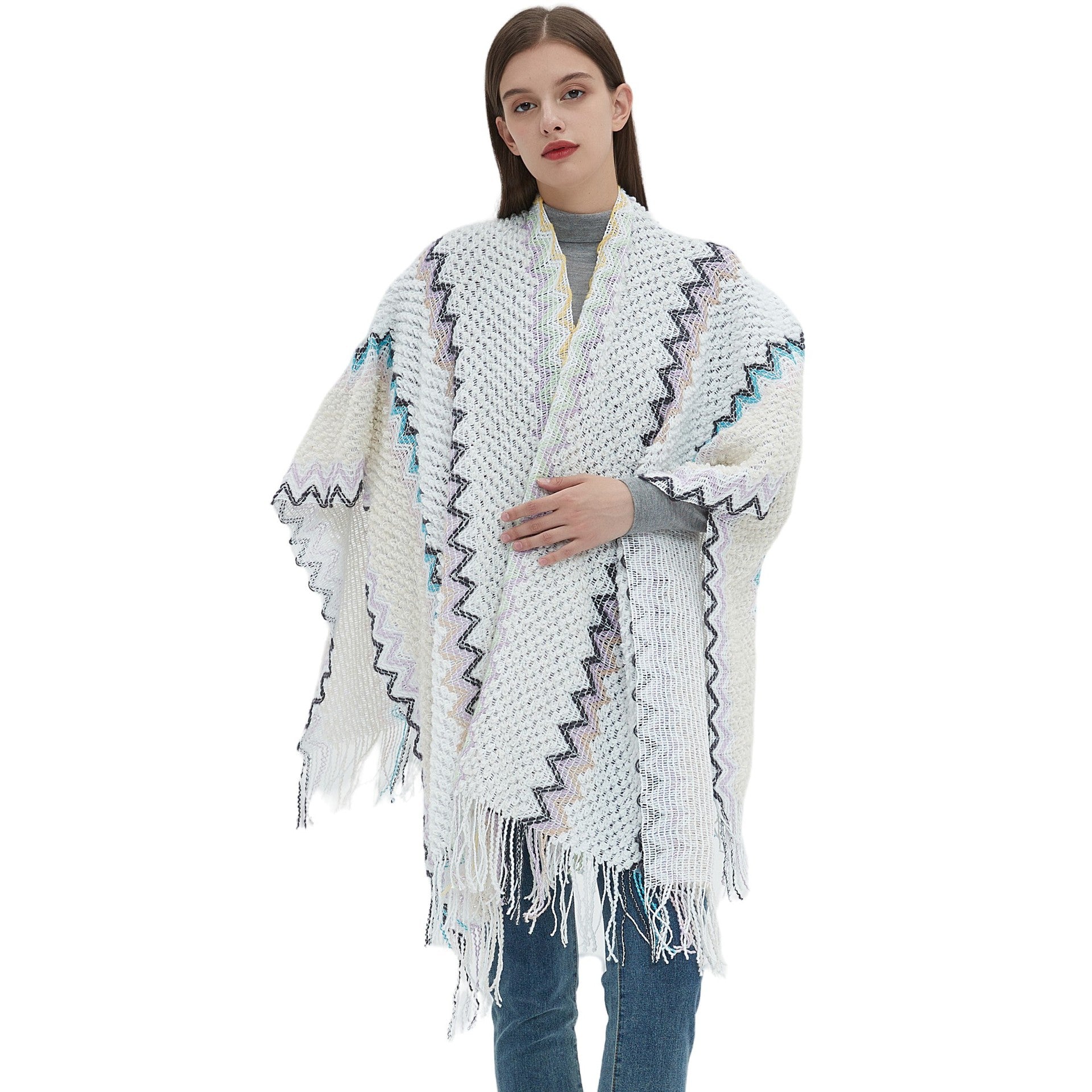 Wholesale Autumn and Winter Ethnic Style Slit Tassel White Knitted Scarf