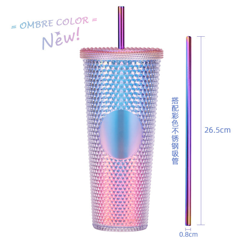Wholesale Double-layer Plastic 710ml Durian Prick Hand Luminous Color Changing Rainbow Gradient Straw Cup