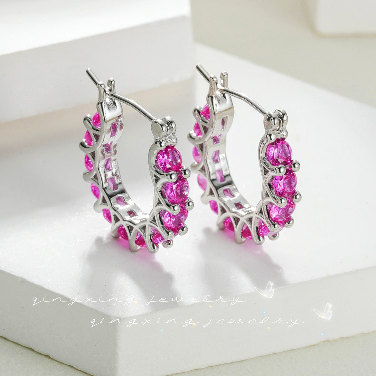 Wholesale Pave Red Corundum  Zircon Lace U Shaped Hoop Earrings