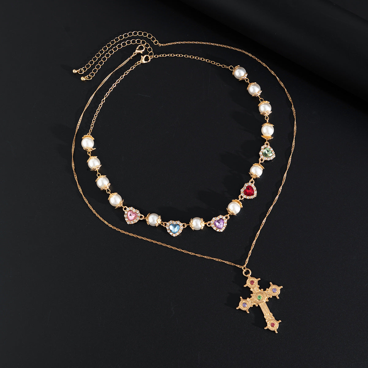 Wholesale Colored Heart Diamond Necklace Men's Cross Pendant Clavicle Chain