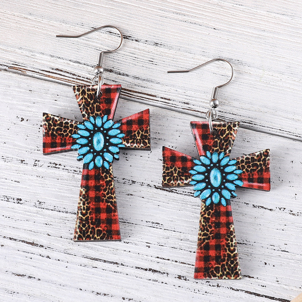 Wholesale Western style leopard plaid turquoise cross wooden double-sided earrings