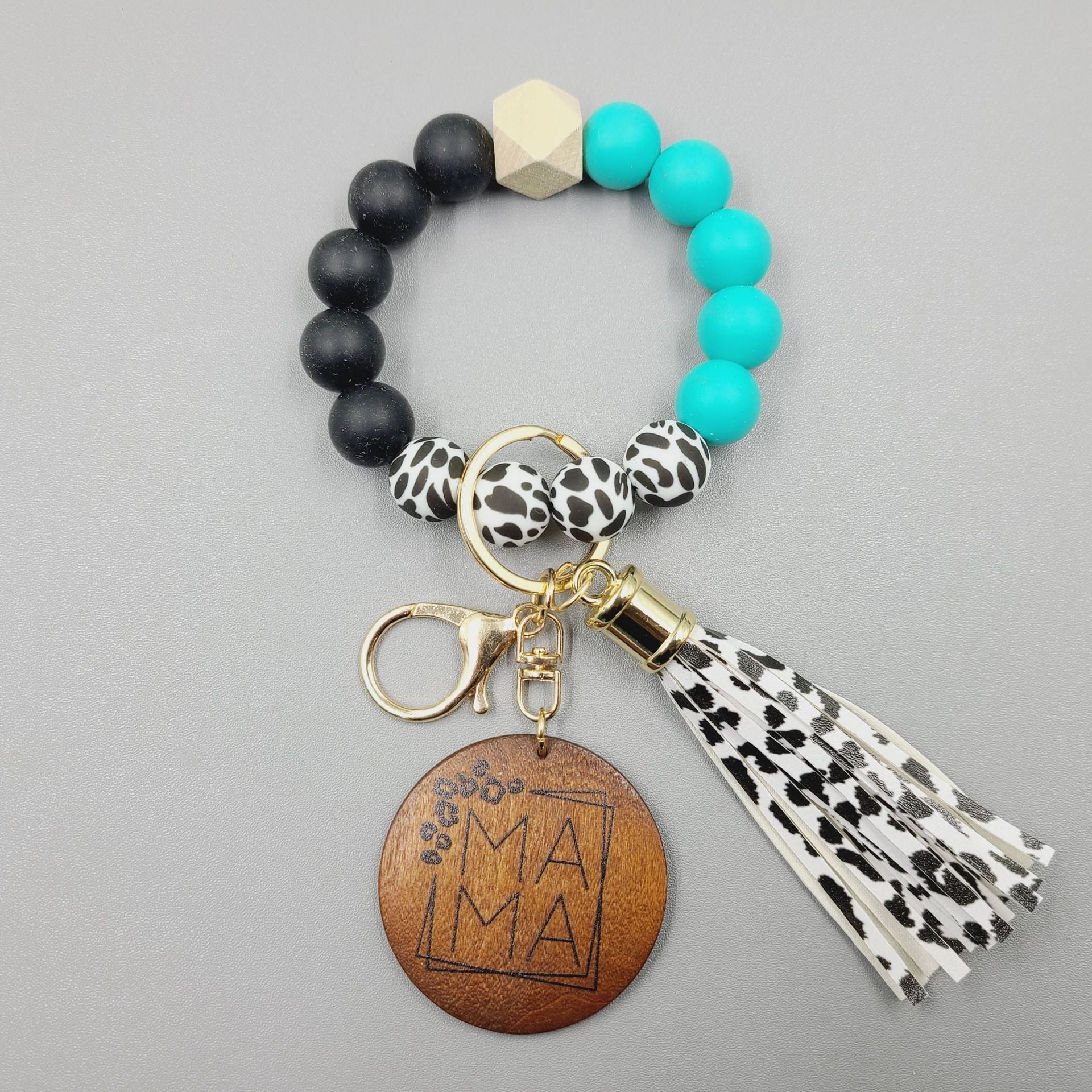 Wholesale MAMA Wooden Sign Pendant Cow Pattern Silicone Beads Bracelet Keychain