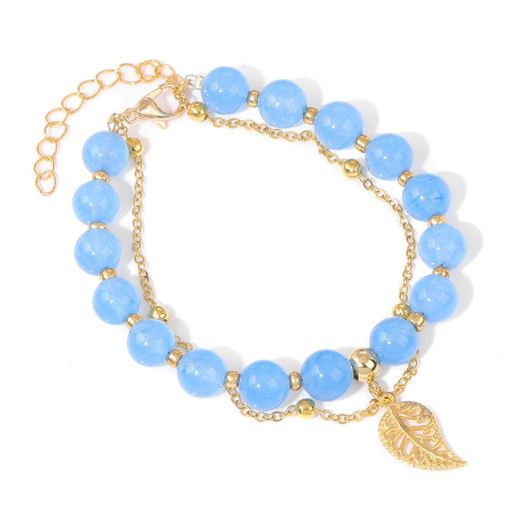 Wholesale Chalcedony Beads Leaves Pendant Alloy Double Layer Regulating Bracelet