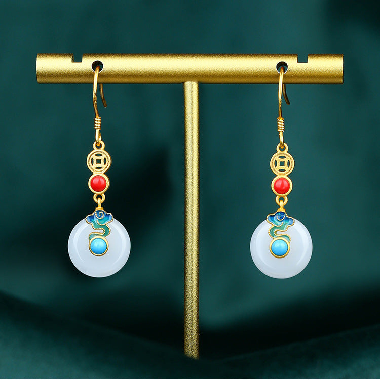 Wholesale Niche Design Ping An Buckle Imitation Jade Elegant Earrings