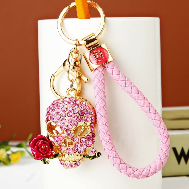 Wholesale Diamond Inlaid Rose Skull Metal Keychains