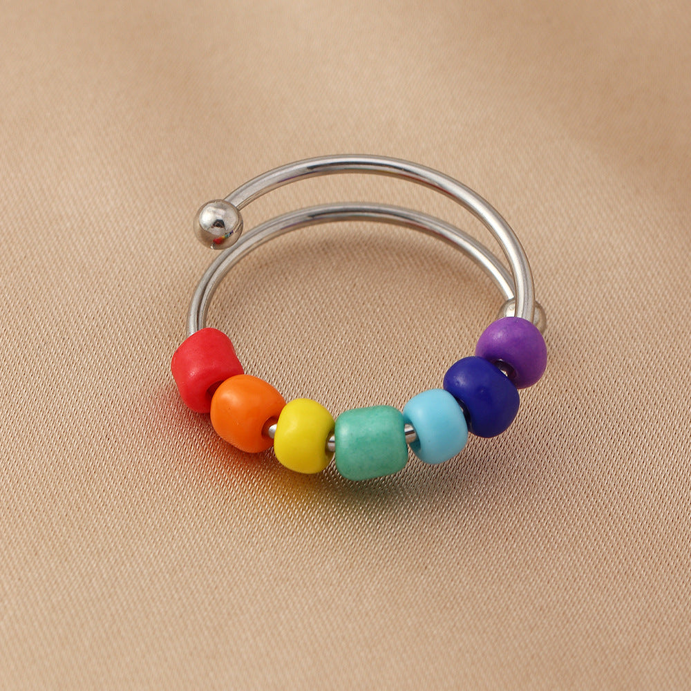 Wholesale New Rainbow Rice Bead Titanium Ring