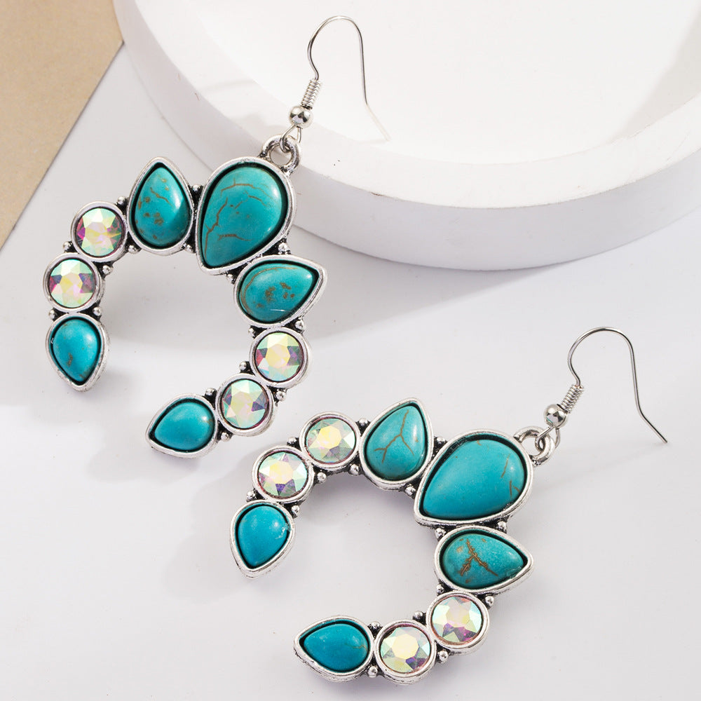 Wholesale Retro Geometric Creative Alloy Inlaid Turquoise Color Diamond Bohemian Earrings