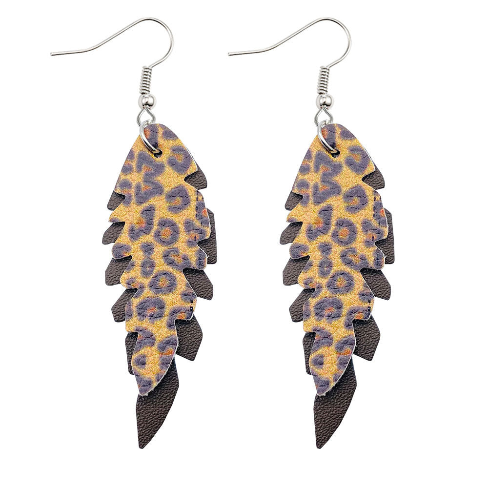 Wholesale Leopard Print Leaf Shaped Leather Earrings