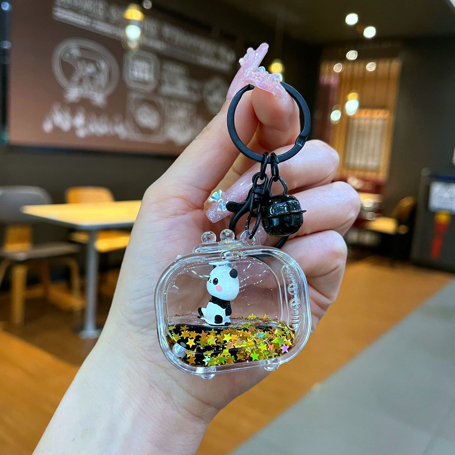 Wholesale Black gold floating cartoon cute panda Liquid Keychains