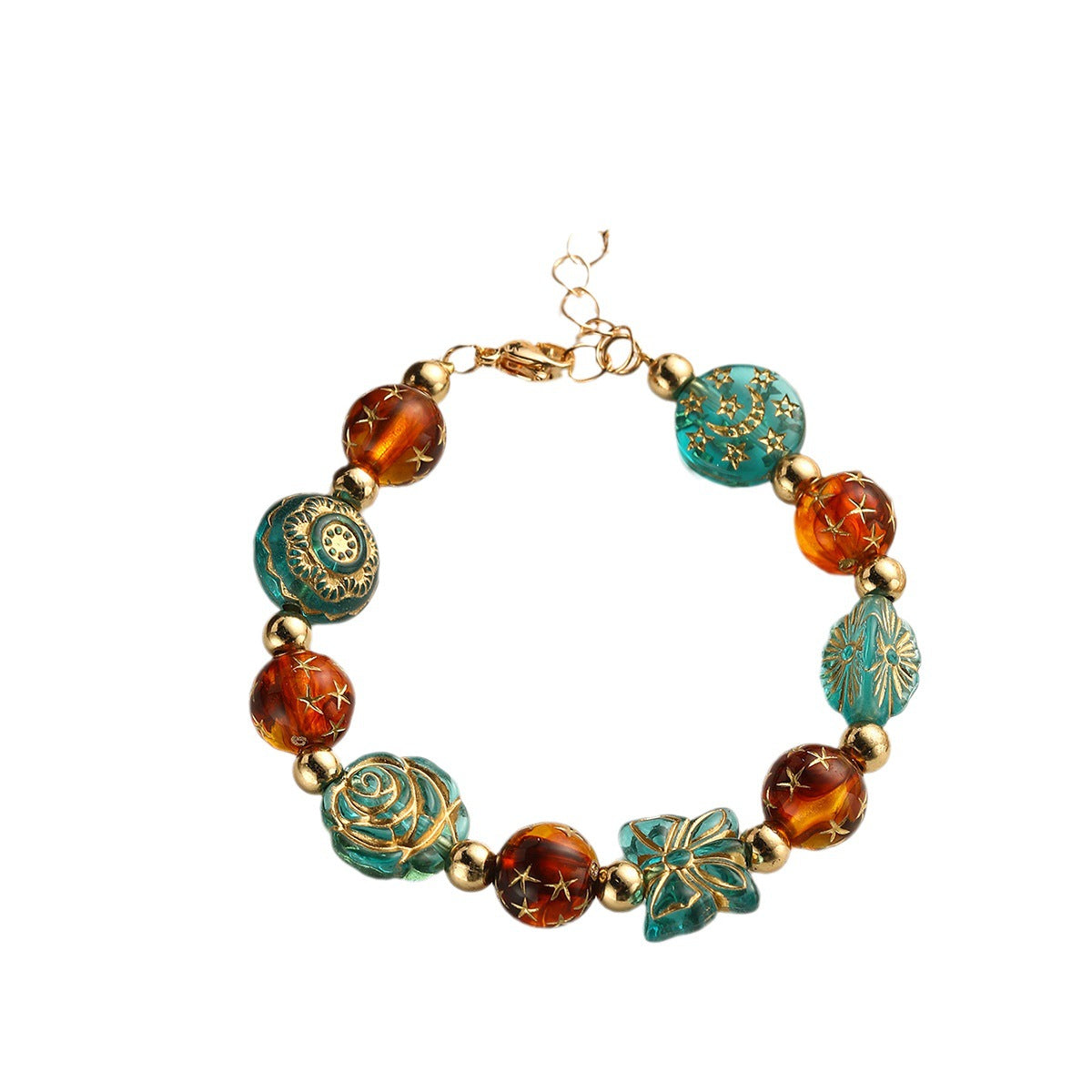 Wholesale Antique Golden Literary Retro Colorful Beaded Glass Bracelet