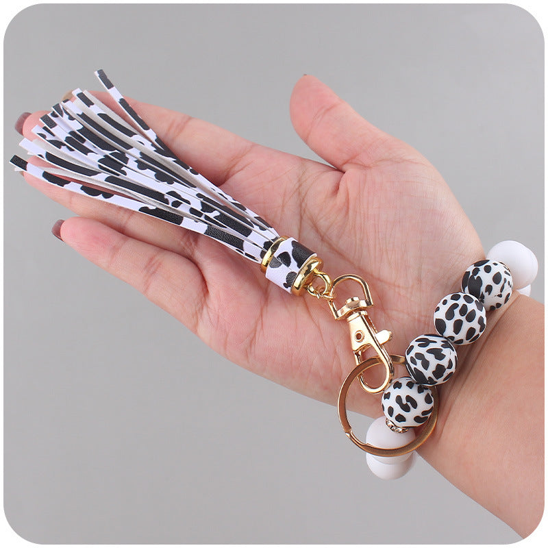 Wholesale Silicone Leopard Print Beaded Wrist Keychains