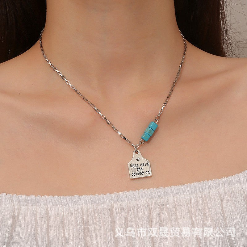 Wholesale Fashion Retro Geometric Letter Pattern Square Turquoise Necklace