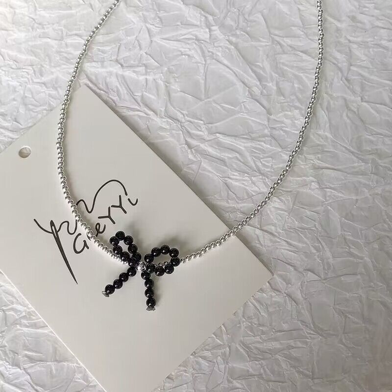 Wholesale black agate bow silver beads s925 silver clavicle chain