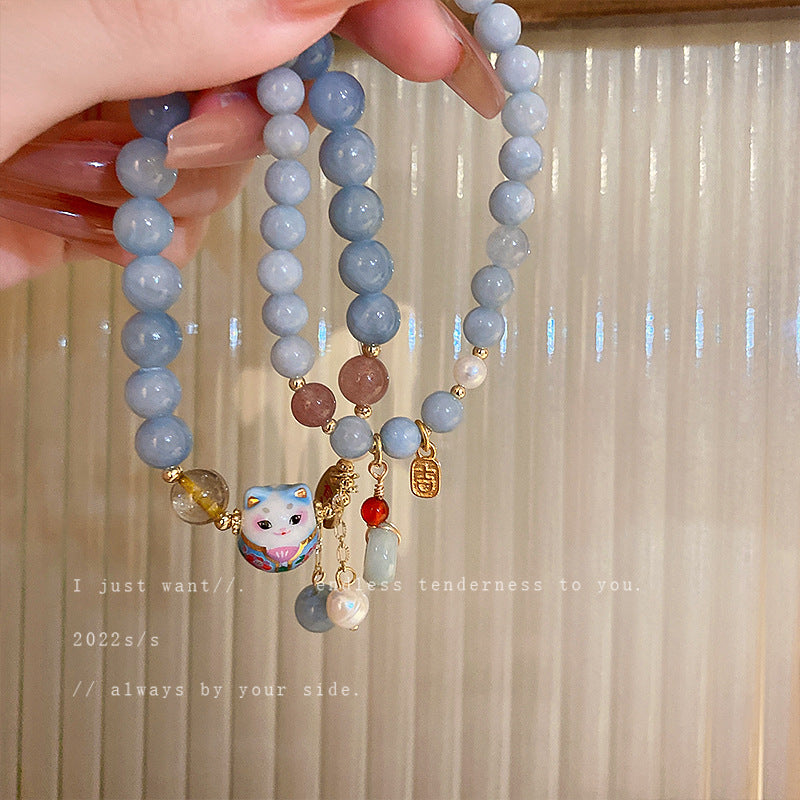 Wholesale Beaded Ceramic Lucky Cat Forwarding Pearl Crystal Bracelet