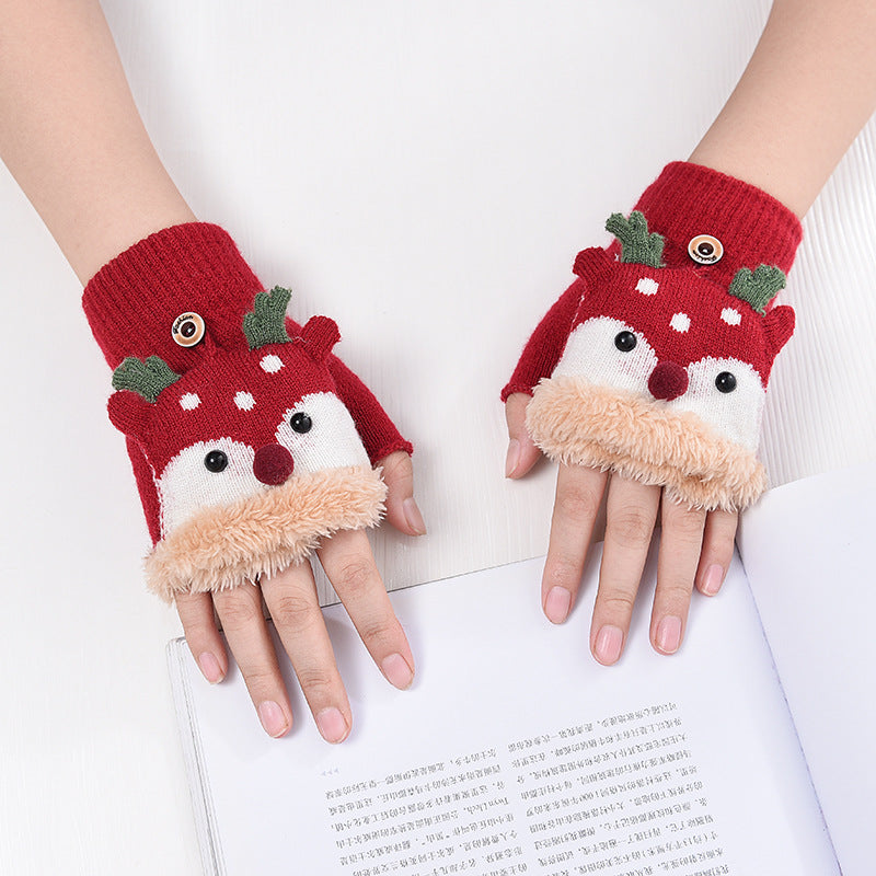 Wholesale Children's Winter Plush and Thick Flip Half Finger Knitted Cartoon Imitation Cashmere Gloves