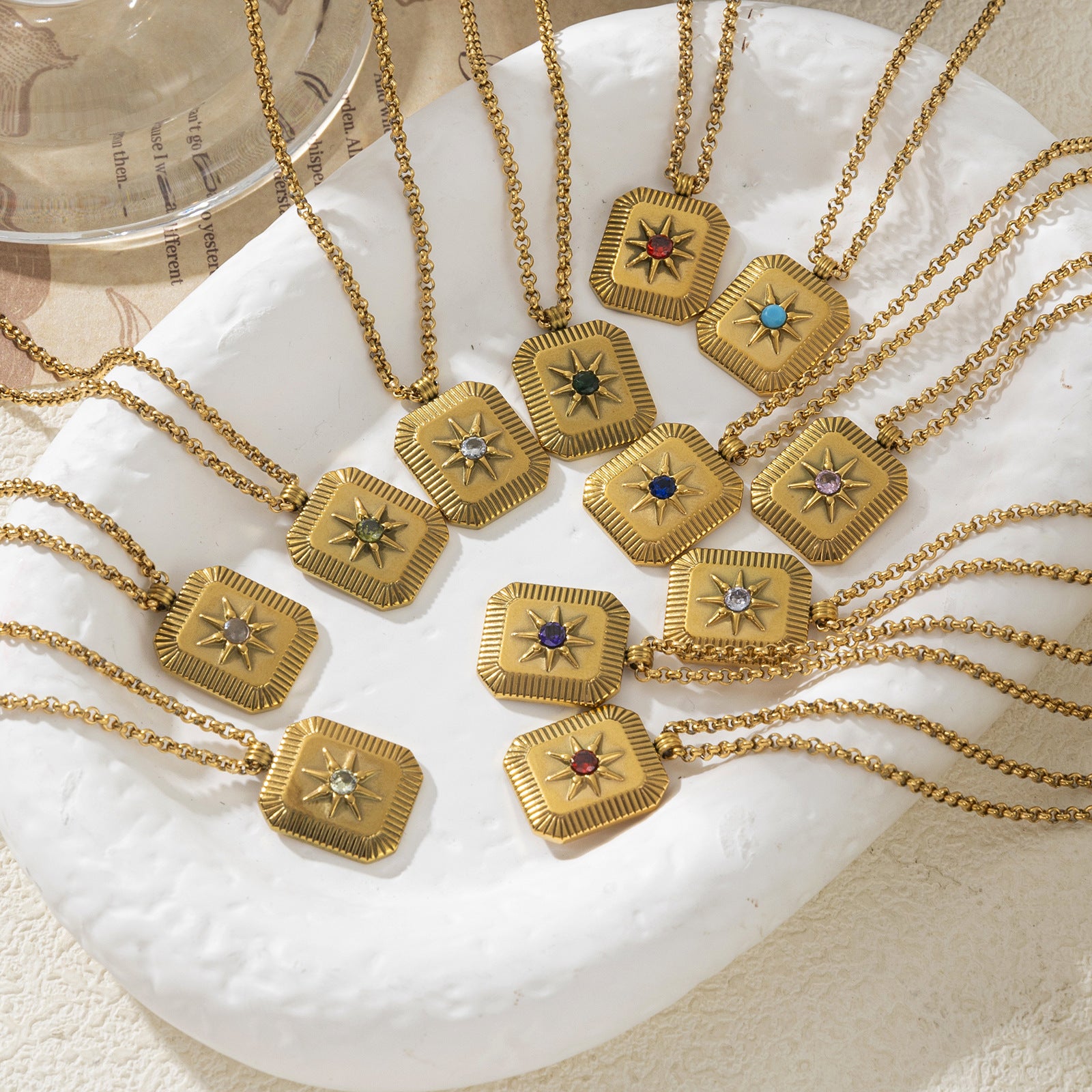 Wholesale 18K Gold Plated Eight Pointed Star Birthstone Pendant Necklace Sun Moon Star Charm Trendy Fashion Jewelry Accessory Boutique Resale Gift