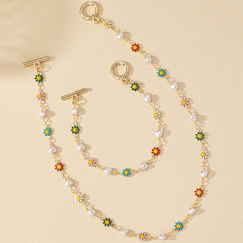 Wholesale Flower Heart Pearl Bracelet Necklace Set For Women Alloy Electroplated Trendy Gift Boutique Resale Fashion Jewelry
