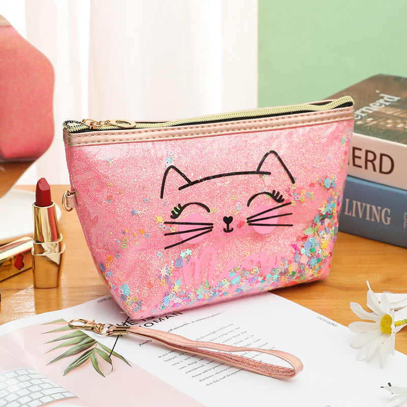 Wholesale Cat cartoon cosmetic bag quicksand pencil case cosmetic bag