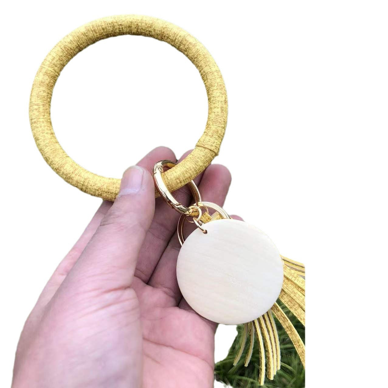 Wholesale Punk denim leather wristband tassel wooden pendant Wristlet Keychain