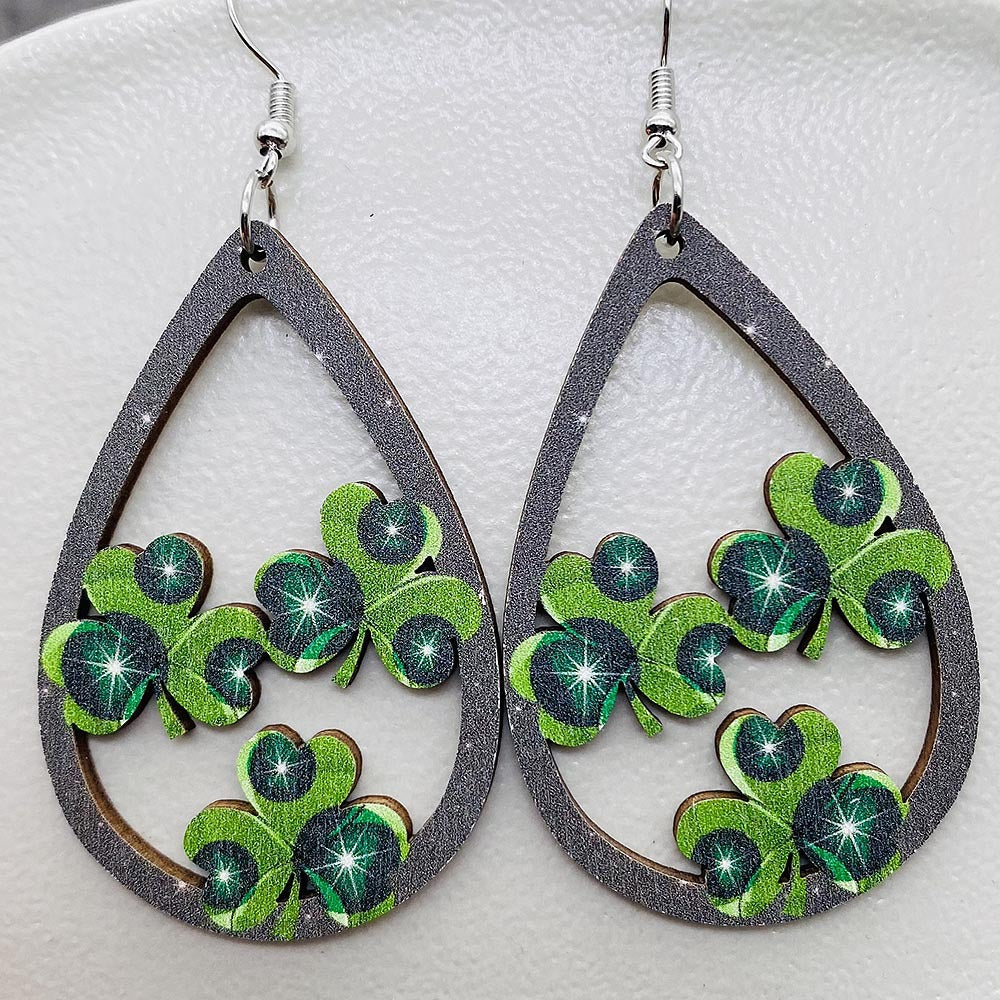 Wholesale St. Puckett Festival  Clover Green Rainbow Dwarfs Wooden Earrings