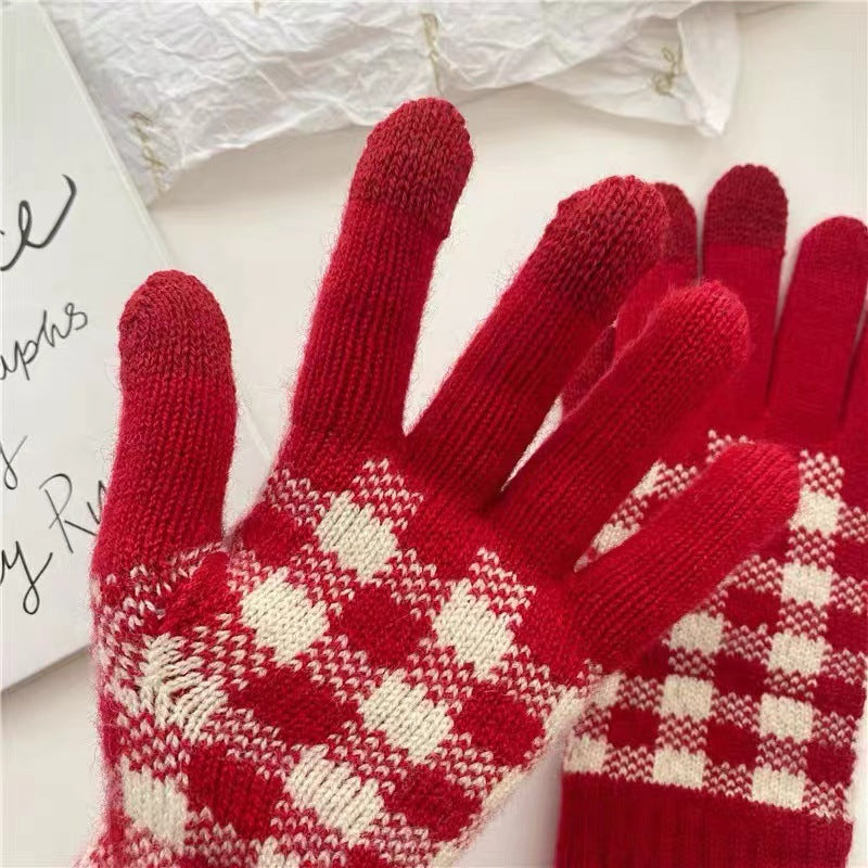 Wholesale All-match Red Knitted Five-finger Thick Warm Cycling Writing Touch Screen Wool Gloves