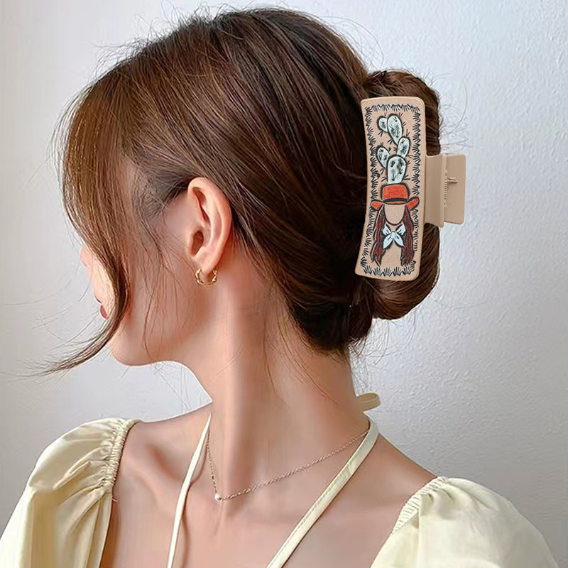 Wholesale Western Denim Wind Cactus Leather Women's Hairpin Grab Clip Shark Clip