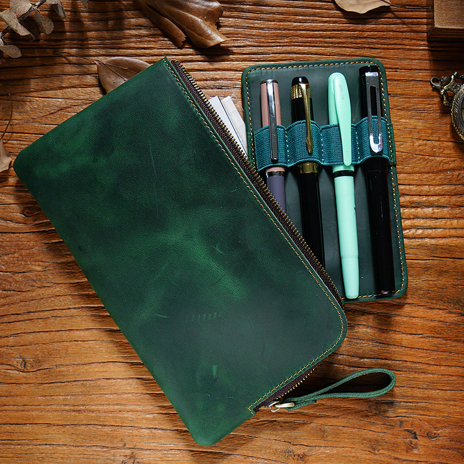 Wholesale Cowhide Zipper Crazy Horse Leather Multi-functional Zipper Pencil Case