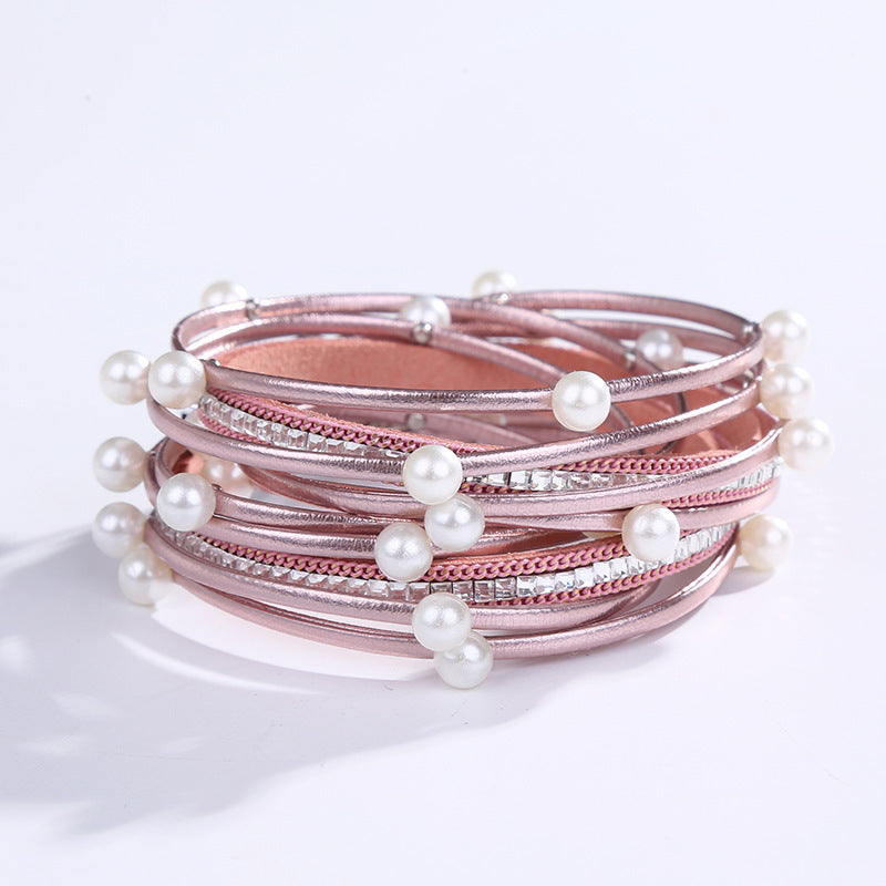 Wholesale Geometric Asymmetrical Inlaid Pearl Multi-Layered Leather Adjustable Bracelet