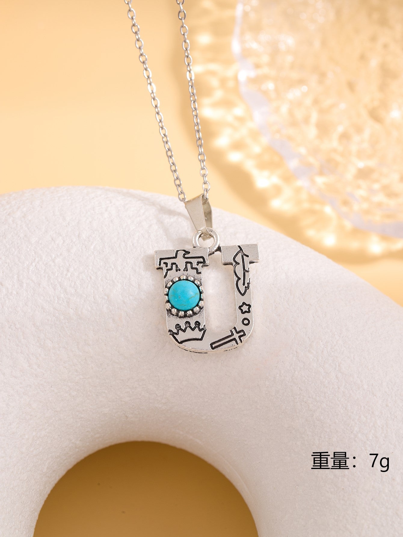 Wholesale Western stainless steel chain cactus turquoise letter necklace