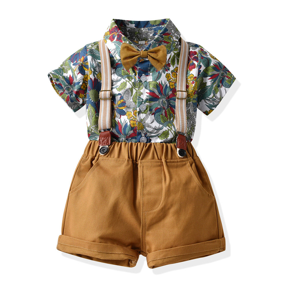 Wholesale Children's Cotton Short Sleeved Printed Shirts and Suspenders