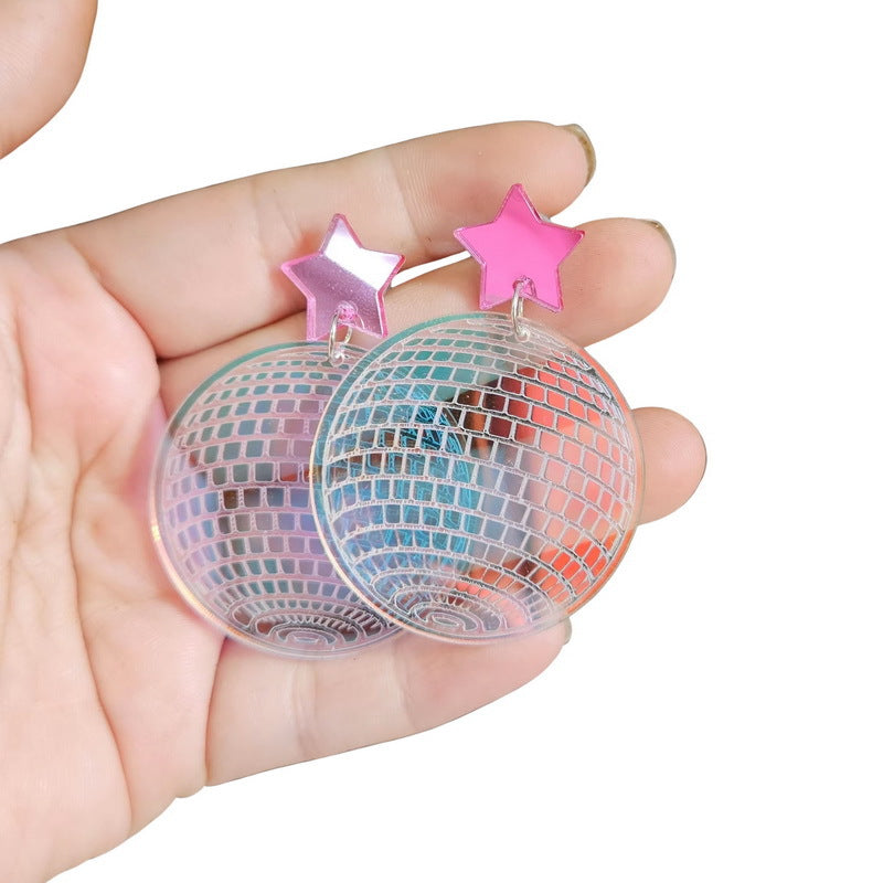 Wholesale Exaggerated Creative Five-pointed Star Acrylic Retro Disco Ball Mirror Laser Earrings