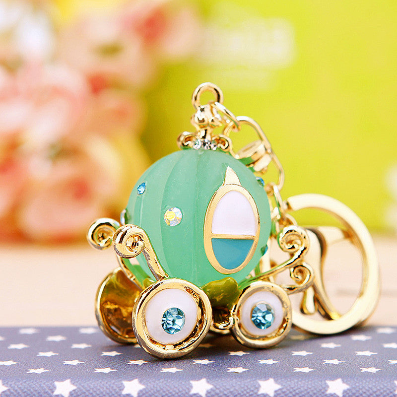 Wholesale Metal Rhinestone Pumpkin Carriage Keychain Bag Charm Pink Car Key Accessory Decorative Gift