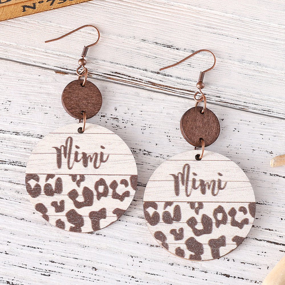 Wholesale Mother' s Day Leopard Round Pieces ing Pendant Wooden Earrings