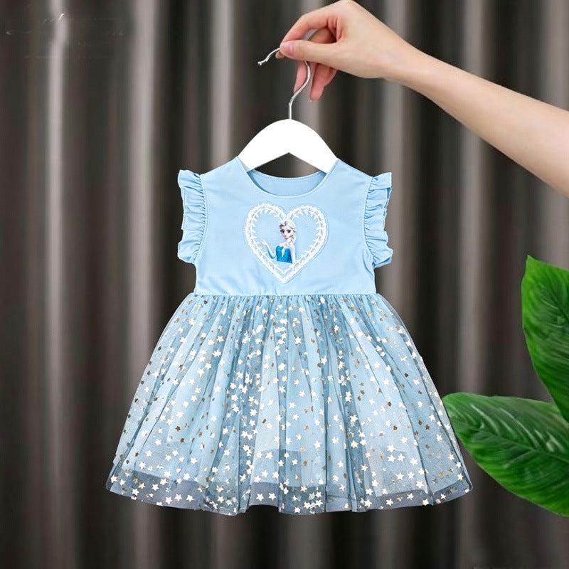 Wholesale Korean Style Girls Princess Dress 2026 Spring Summer Short Sleeve Pink Star Tulle Party Dress Polyester Kids 3 8 Years Boutique Resale OLY Exclusive