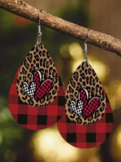 Wholesale Valentine's Day Red Plaid Peach Heart Leopard Leather Drop Earrings