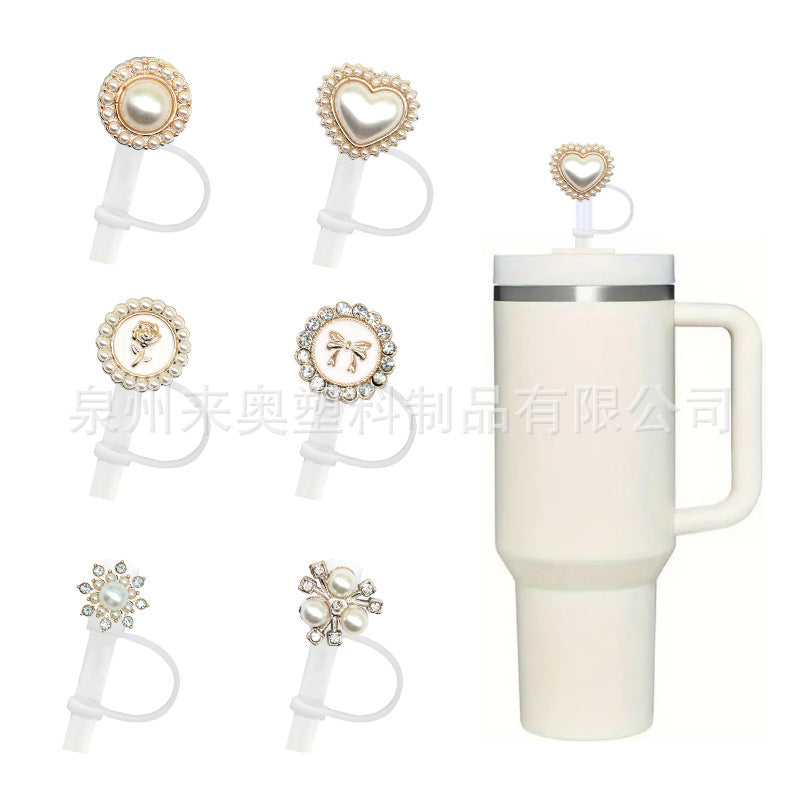 Wholesale  10pcs Acrylic Pearl Dust Cap Soft Rubber Straw Cover Cartoon Silicone Dust Cap Cup Accessories