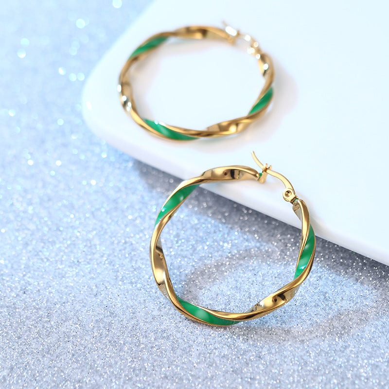 Wholesale Green Drip Oil Round Stainless Steel Mobius Ring Earrings