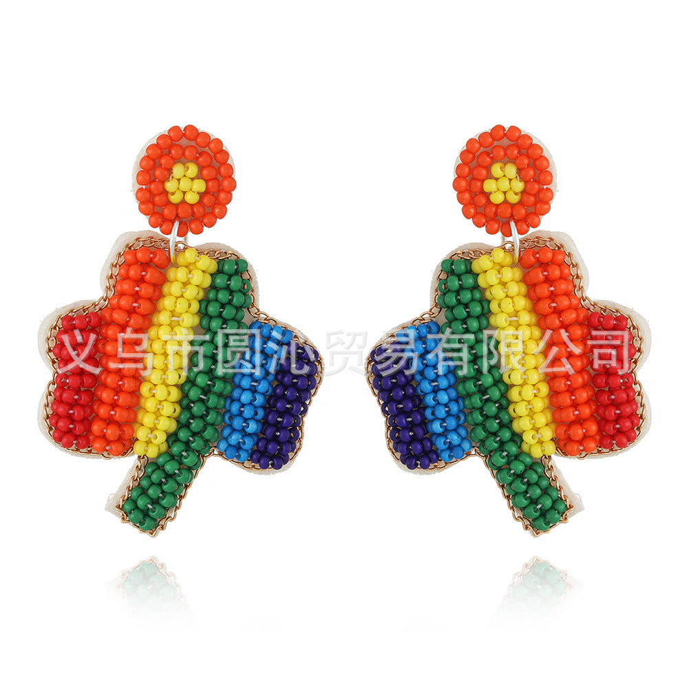 Wholesale San Pa Festival Clover Fabric Rice Bead Festival Hand-sewn Earrings