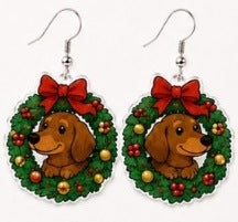 Wholesale Trendy Acrylic Pendant Earrings Reindeer Dachshund Red Green Contrast Jewelry Accessory