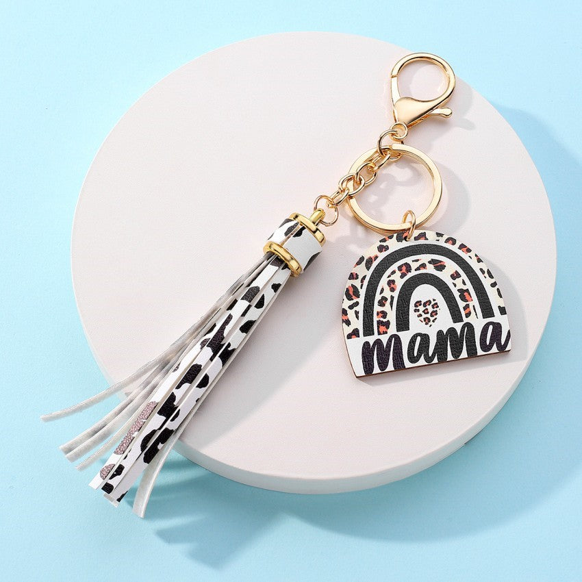Wholesale Leather Tassel Mom Wooden Sign Keychain