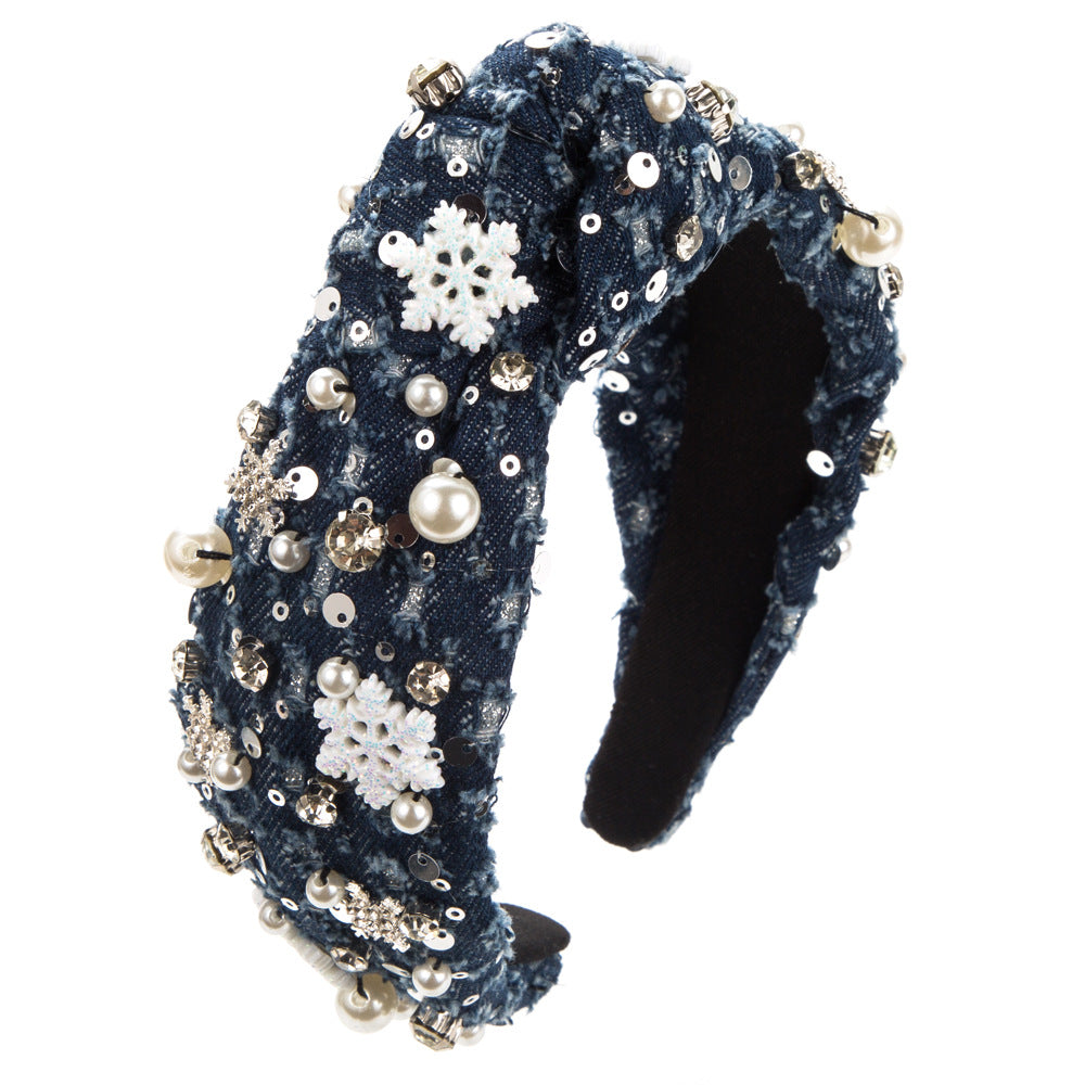 Wholesale Stylish High Quality Denim with Diamond and Pearl Headbands Christmas Day Party Hair Accessories