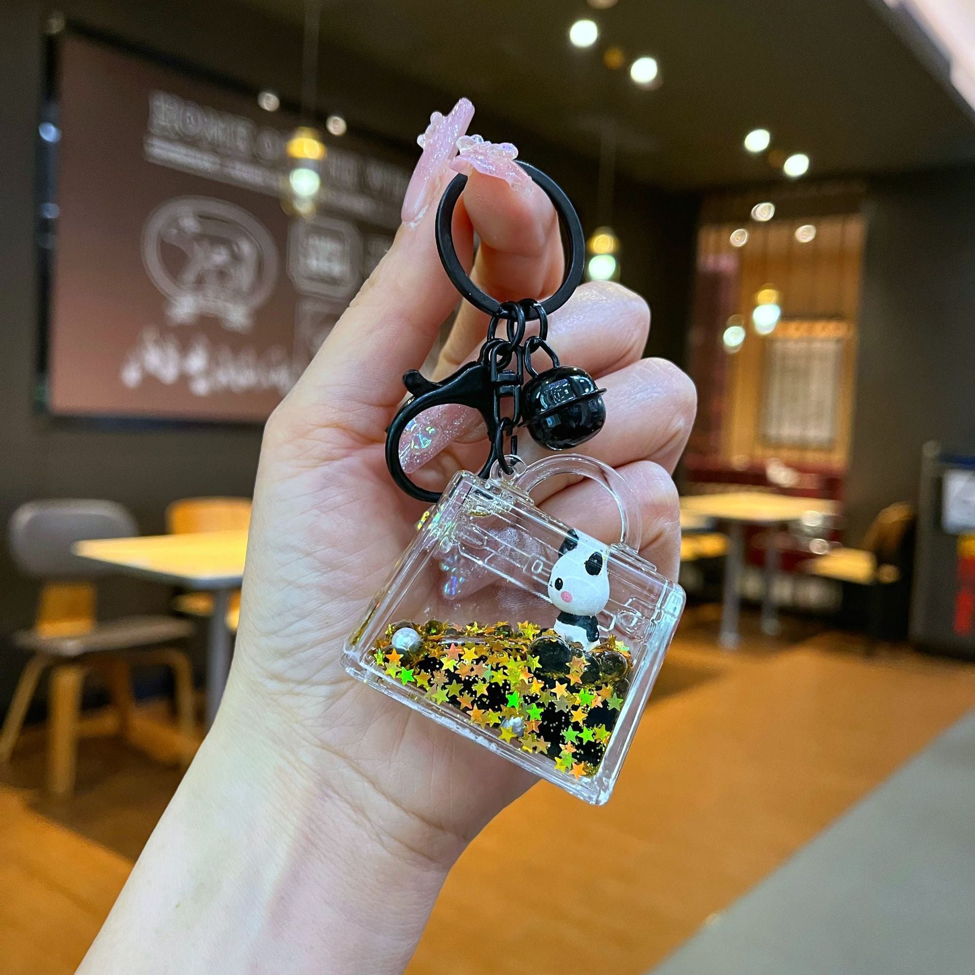 Wholesale Black gold floating cartoon cute panda Liquid Keychains