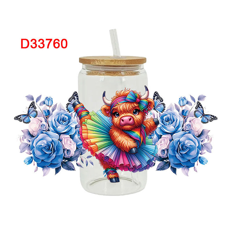 Wholesale Colorful flowers Western style cute cow 16oz Cup UV DTF Wraps
