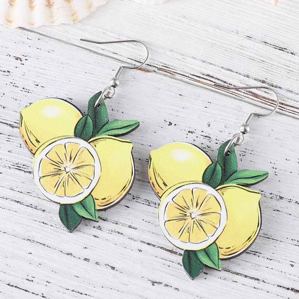 Wholesale Summer Watermelon Lemon Pineapple Cherry Pendant Wooden Double-Sided Earrings